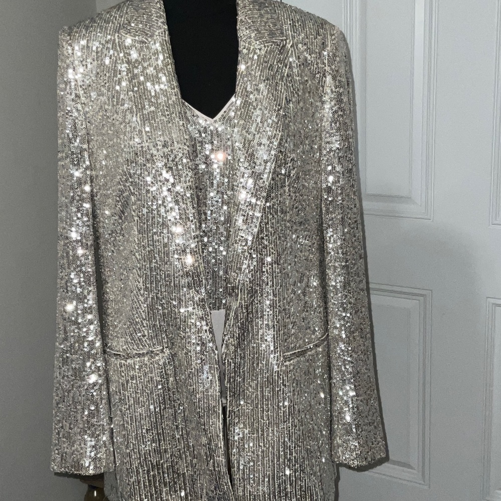 Express Silver Sequin Blazer with matching bodysuit.